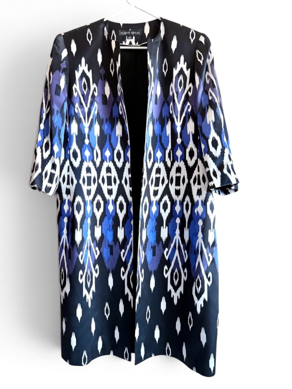 Vintage Albert Nipon Silk Ikat Print Open Front Jacket Coat Blue Black Sz 12